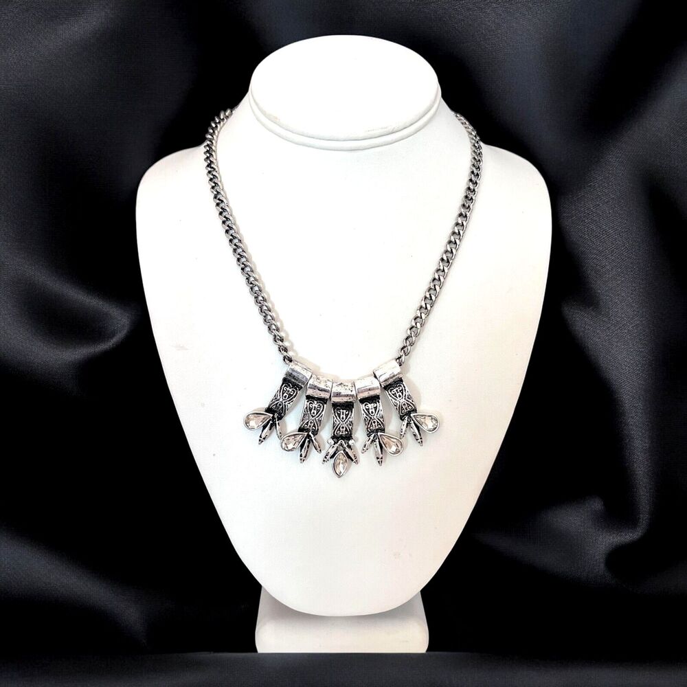 New Antique Silver Tone Necklace Clear Faceted Stones -10G